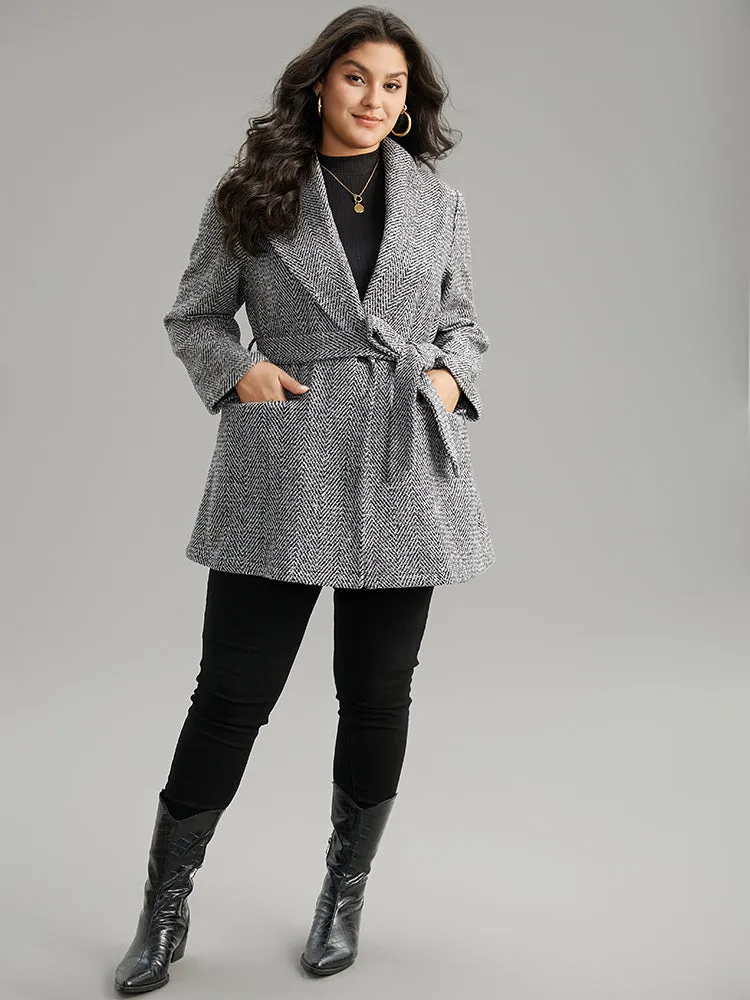 Tweed Belted Lapel Collar Flap Pocket Coat