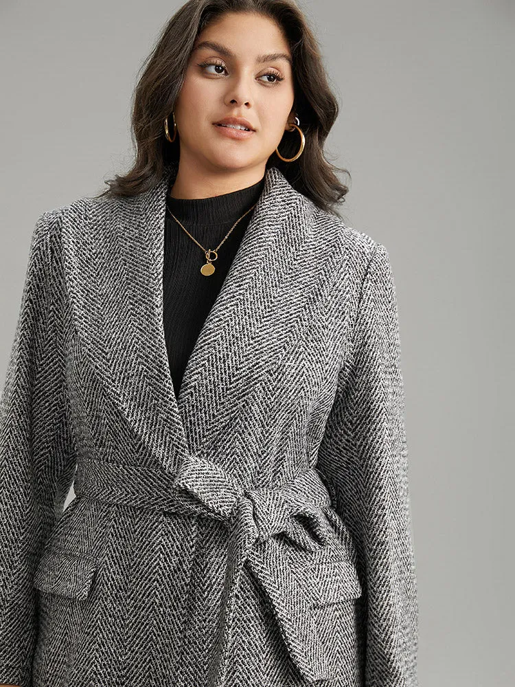 Tweed Belted Lapel Collar Flap Pocket Coat