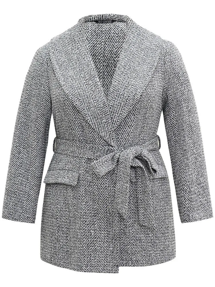 Tweed Belted Lapel Collar Flap Pocket Coat