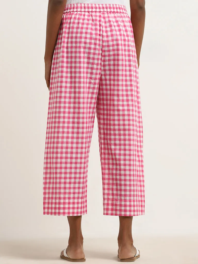 Utsa Dark Pink Checkered Design High-Rise Cotton Palazzos