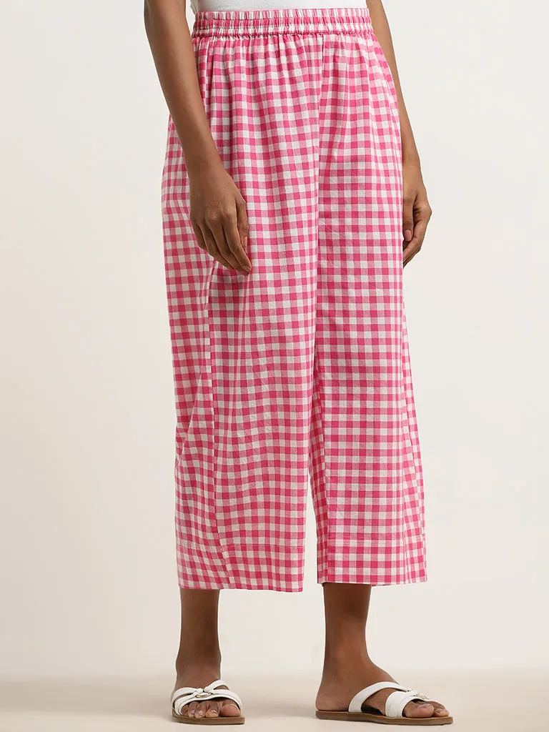 Utsa Dark Pink Checkered Design High-Rise Cotton Palazzos