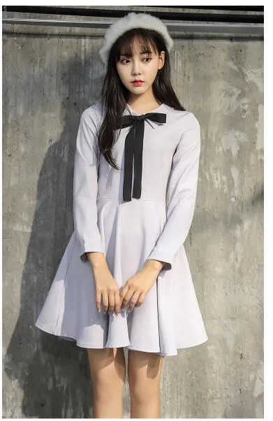 VenusFox Women Solid Color Cute Sweet Long Sleeve Bow Tie A Line Dresses