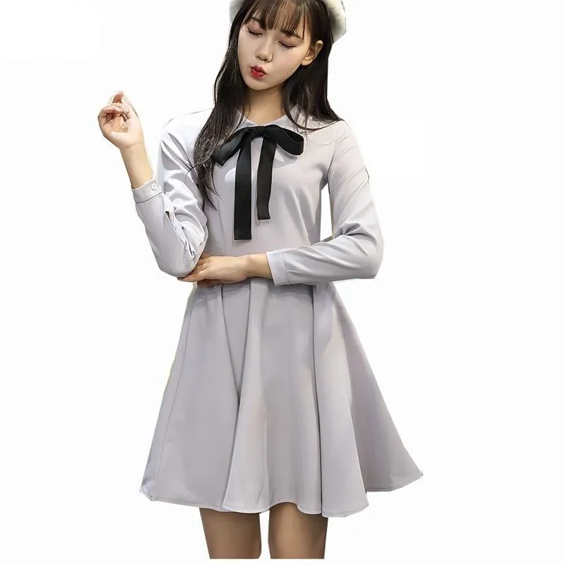 VenusFox Women Solid Color Cute Sweet Long Sleeve Bow Tie A Line Dresses