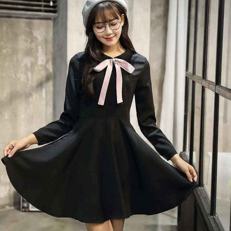 VenusFox Women Solid Color Cute Sweet Long Sleeve Bow Tie A Line Dresses