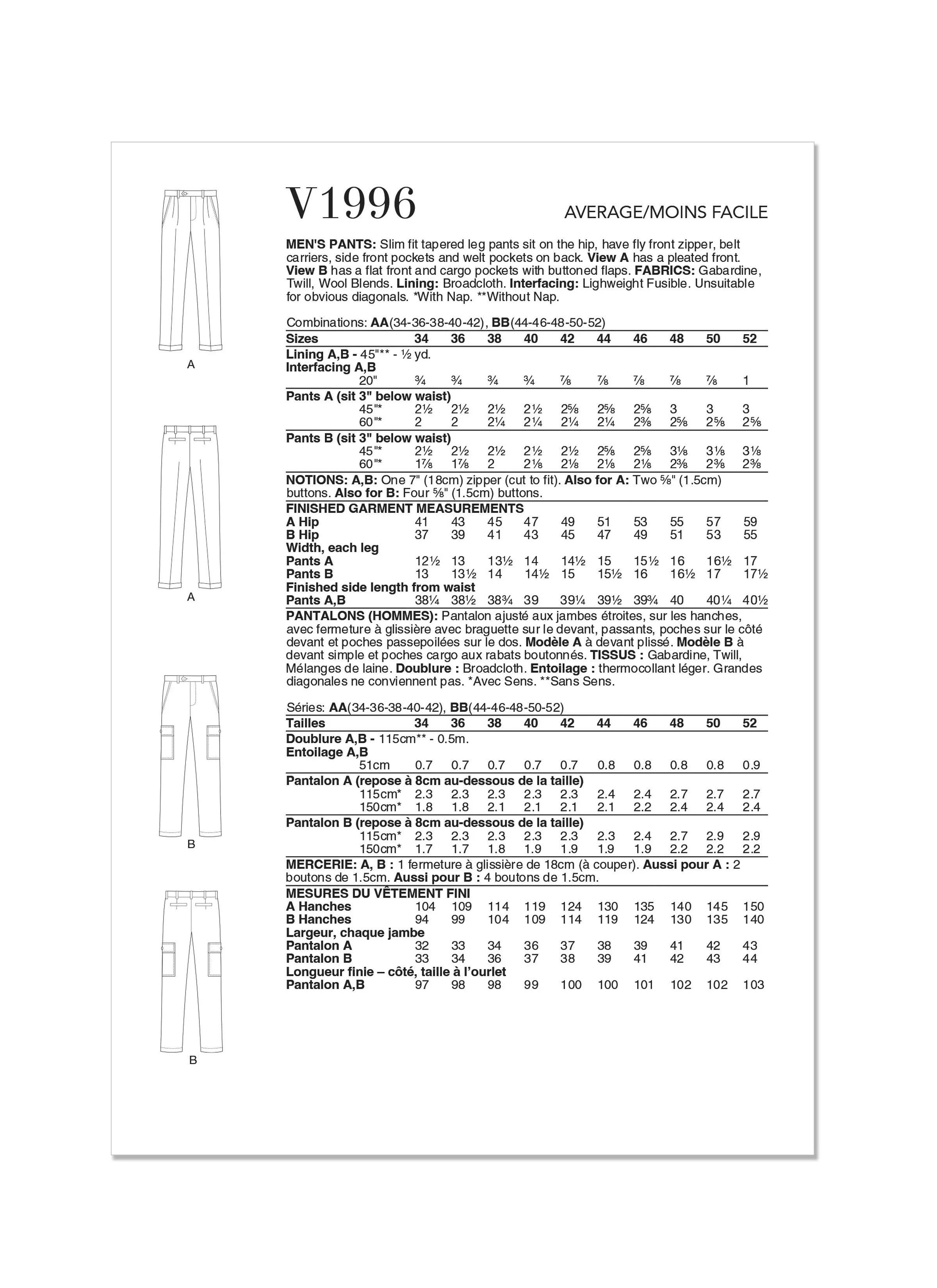 Vogue Sewing Pattern 1996 Men's Pants