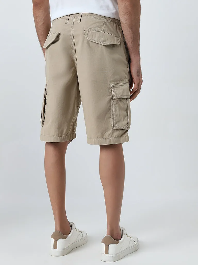 WES Casuals Khaki Relaxed-Fit Mid-Rise Cotton Cargo Shorts