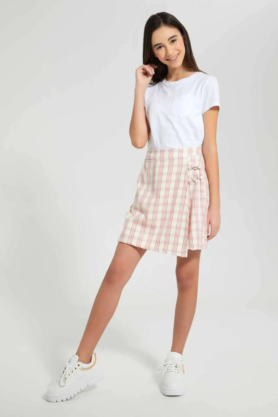 White And Pink Checkered Wrap Skirt