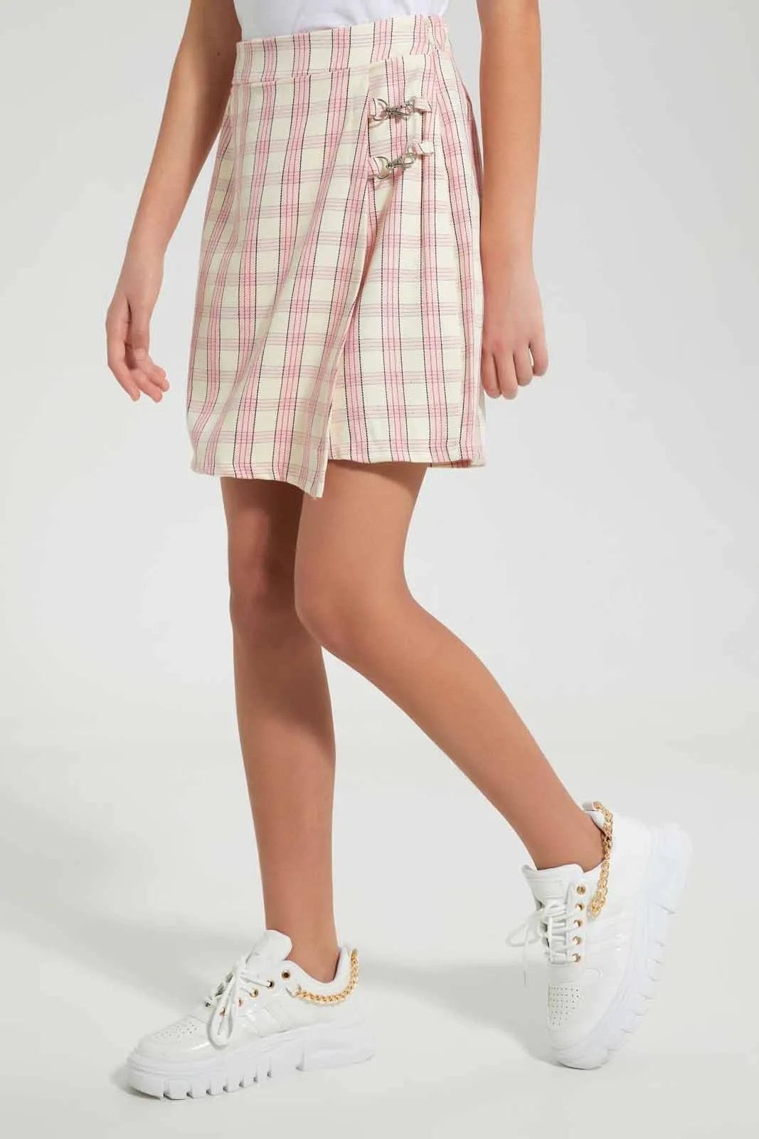 White And Pink Checkered Wrap Skirt