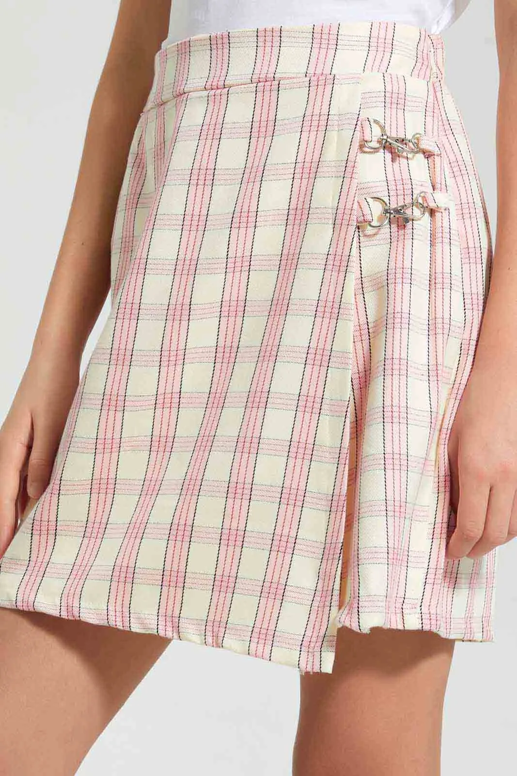 White And Pink Checkered Wrap Skirt