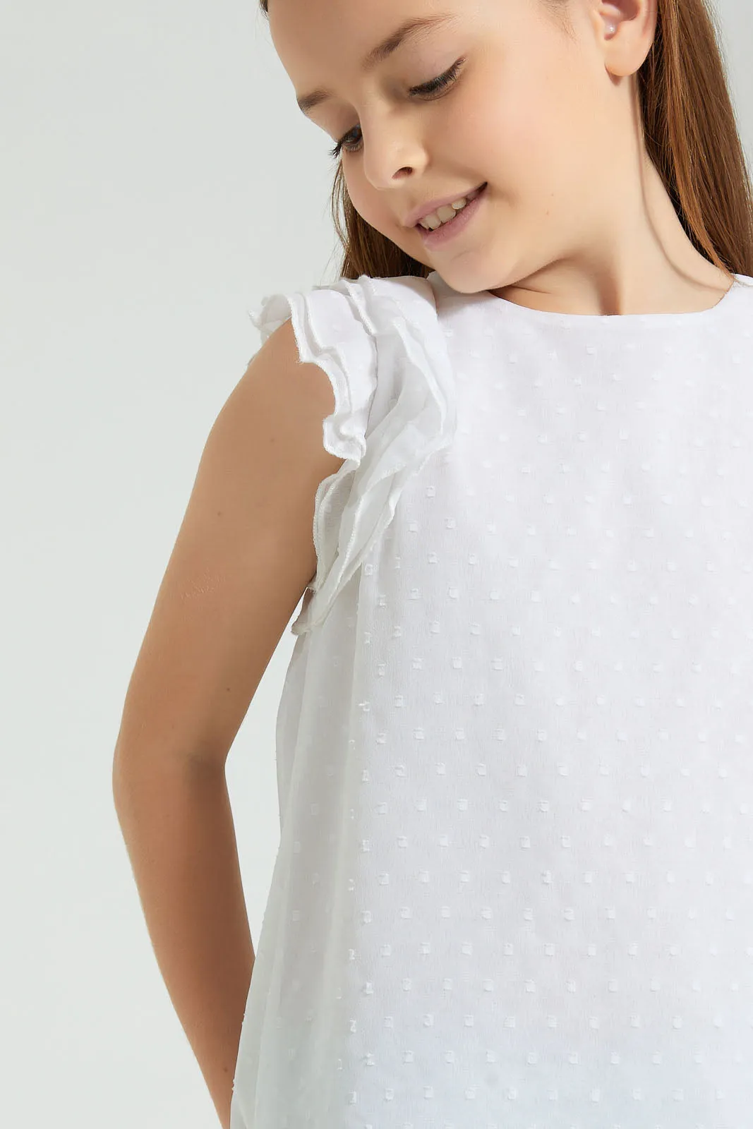 White Dobby Frilled Blouse