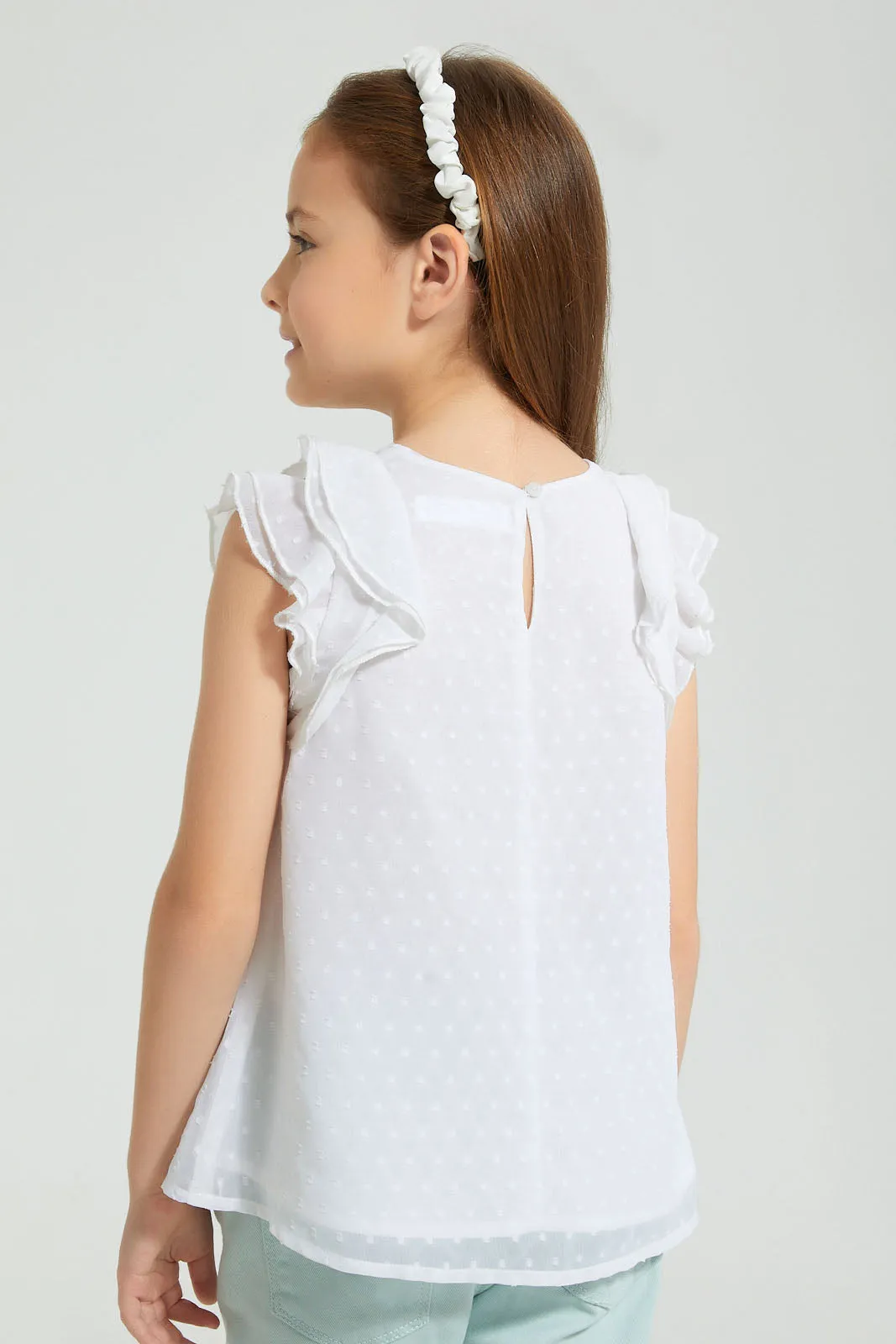 White Dobby Frilled Blouse