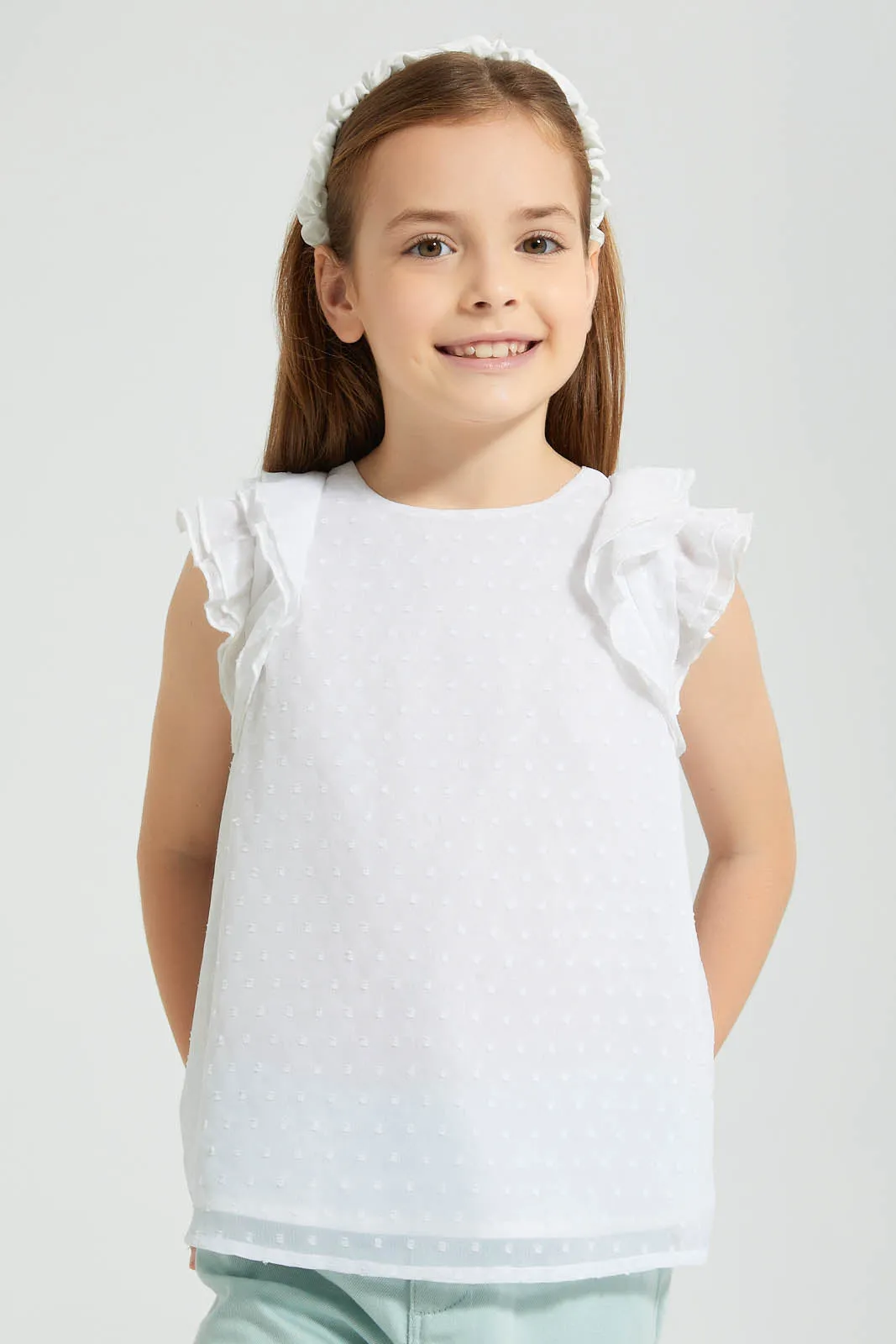 White Dobby Frilled Blouse