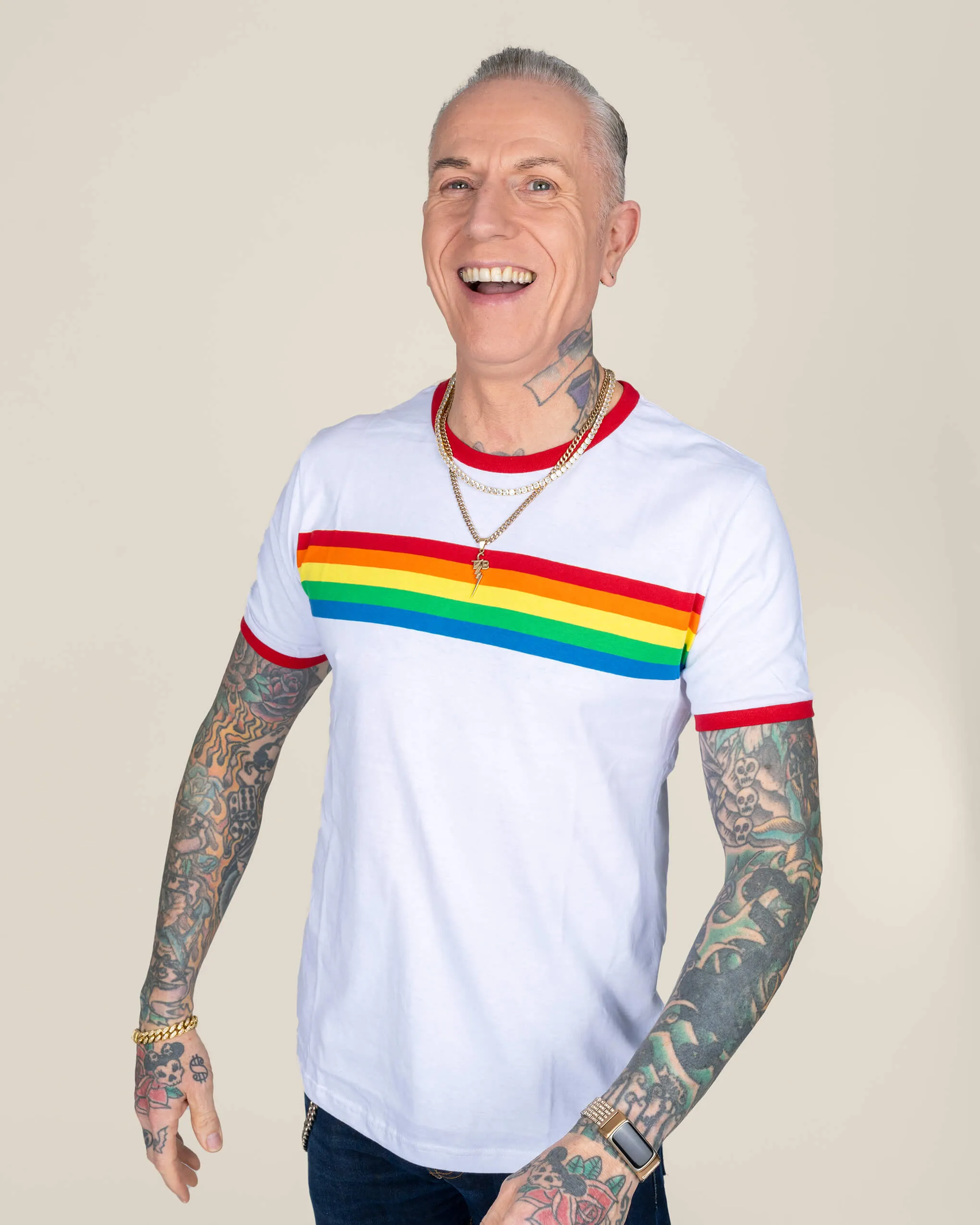 White Ringer Retro Rainbow Striped T Shirt