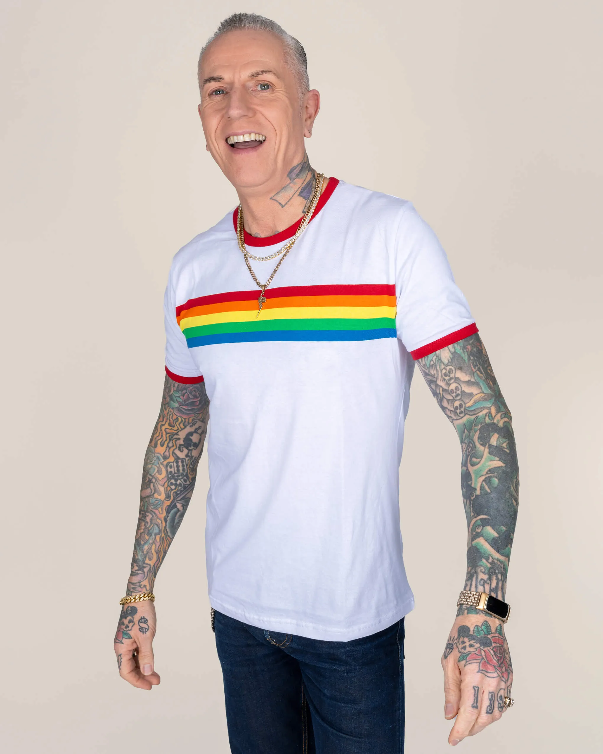 White Ringer Retro Rainbow Striped T Shirt