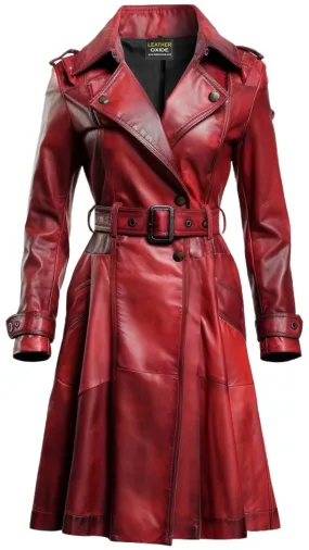 Women Distressed Red Leather Long Coat