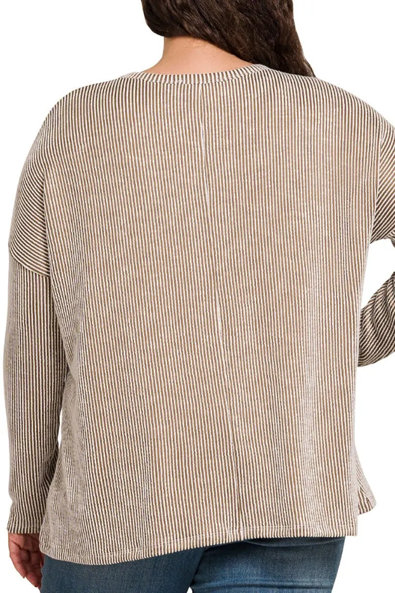 Zenana Plus Size Fall Festival Mocha Oversized Striped Top