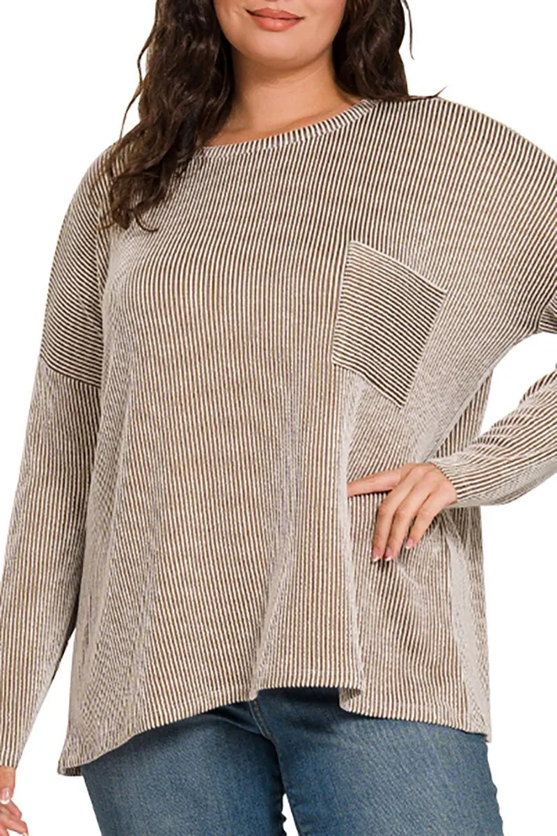 Zenana Plus Size Fall Festival Mocha Oversized Striped Top